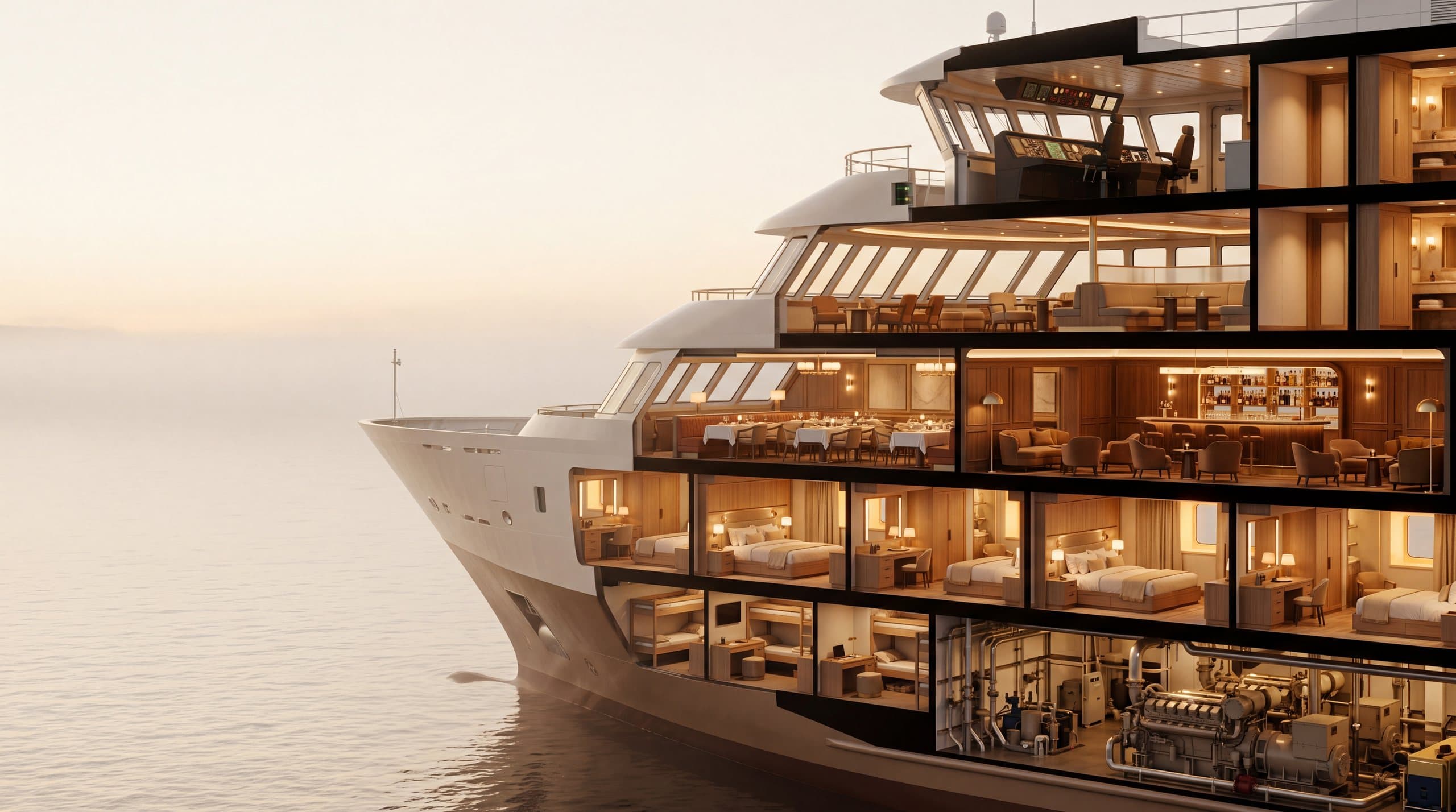 Cruise vessel cutaway showing marine furniture across decks